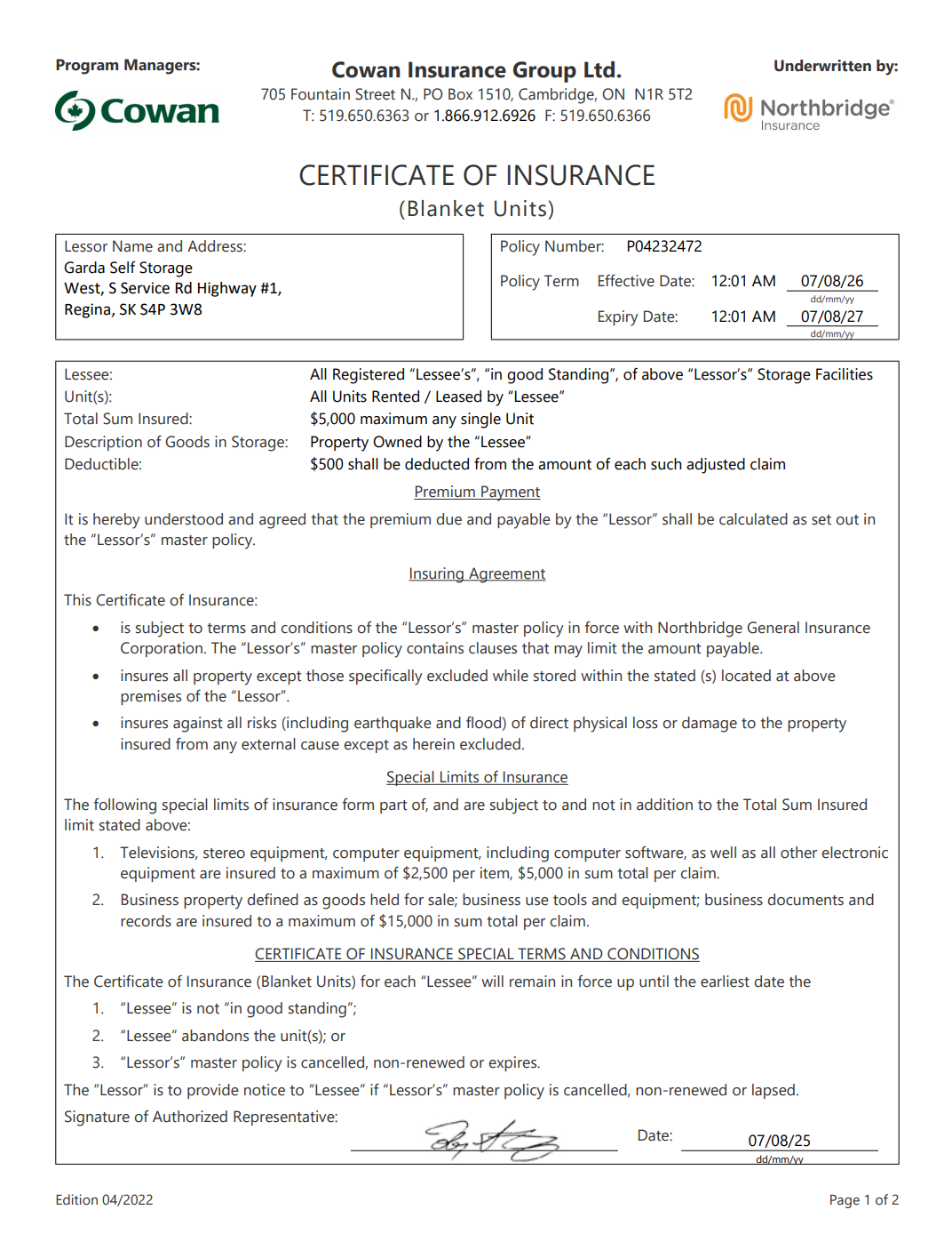 Certificate of Insurance Page 1